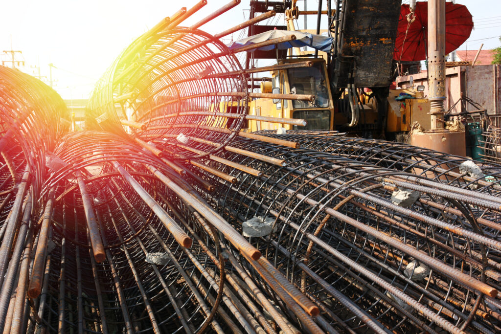 close up group of steel structure make for bored pile in big construction site